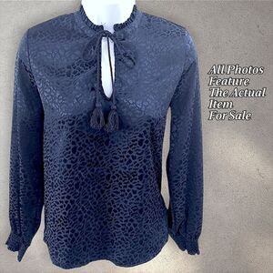 Liverpool Women's XS Navy Blue Satin Tassel Tie Front Long Sleeve Blouse Top